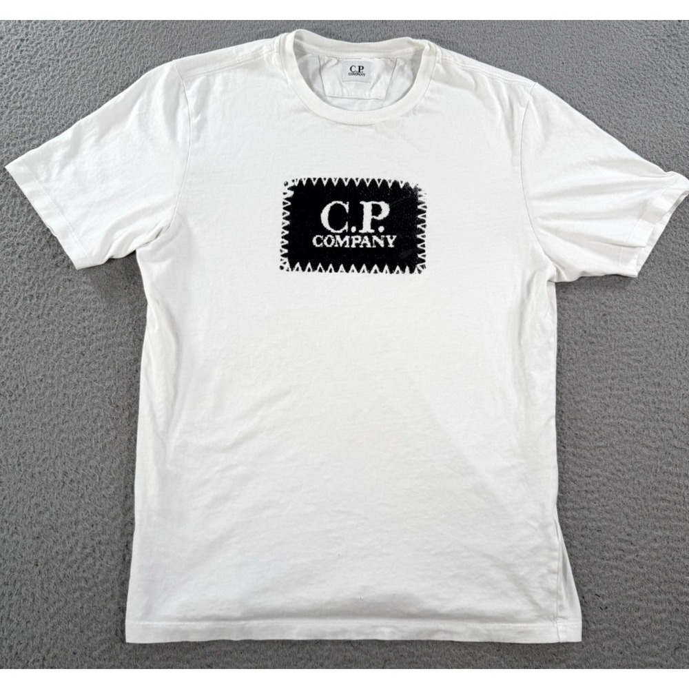 C.P. Company Shirt Men's White Jersey Crew Neck Spell Out Graphic Logo Summer